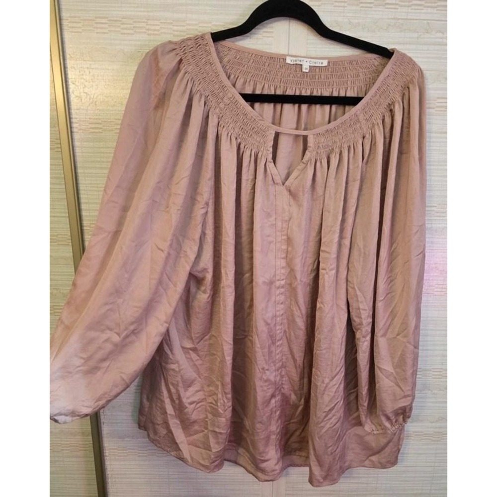 Violet + Claire Dusty Rose Smocked Keyhole Blouse Long Sleeve Pink 3X